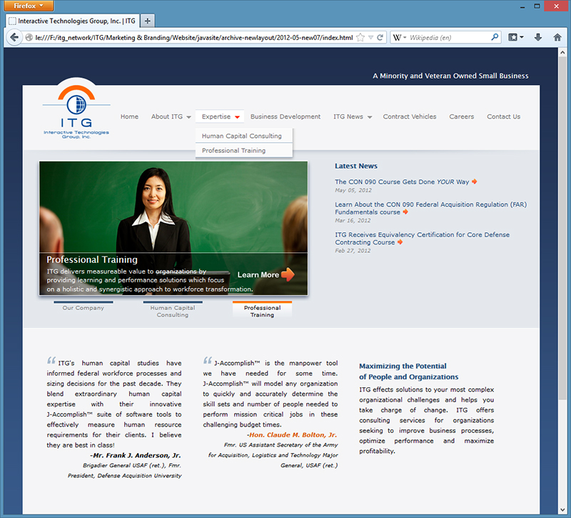 The home page of a newer version of the ITG web site.