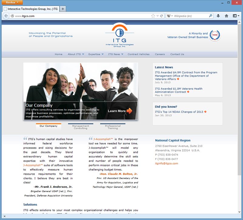 Home page of the ITG web site.