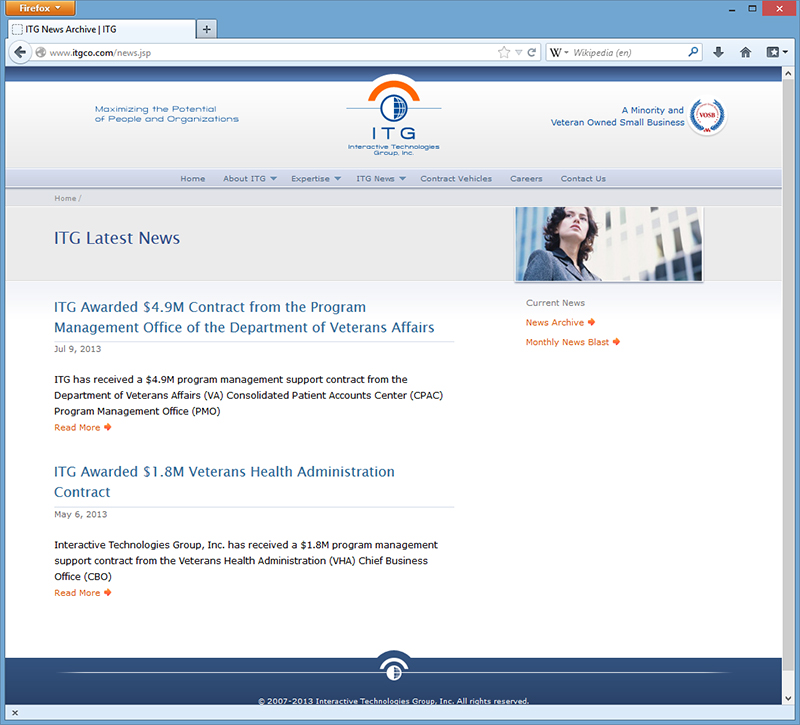 A subsequent page of the ITG web site.