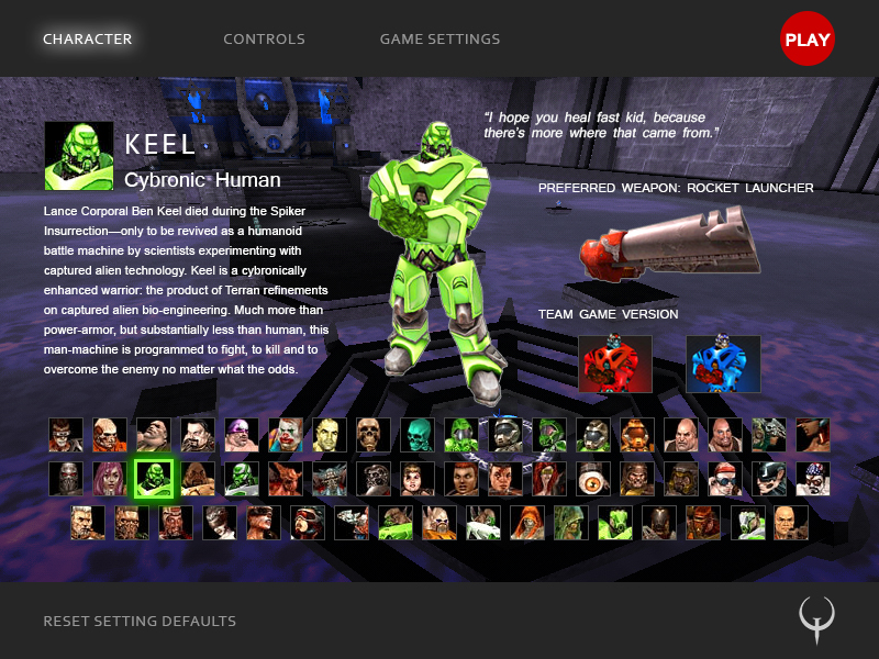 The character select screen for QuakeLive.