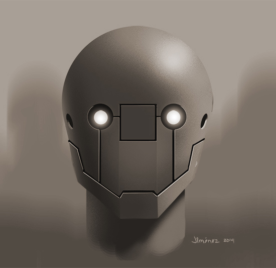 A quick rendering of a robot's head. A study in light and shading.