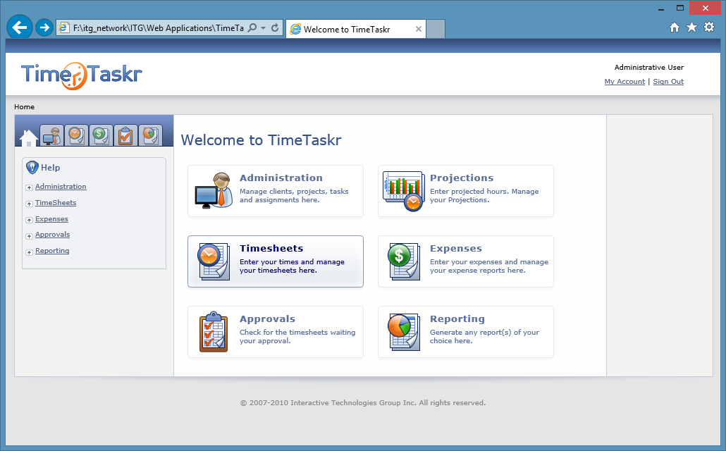The home screen of the TimeTaskr system.