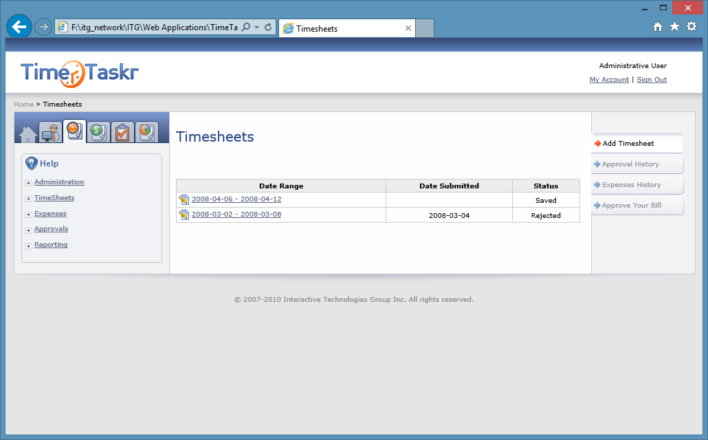 A screen of a standard menu within TimeTaskr.