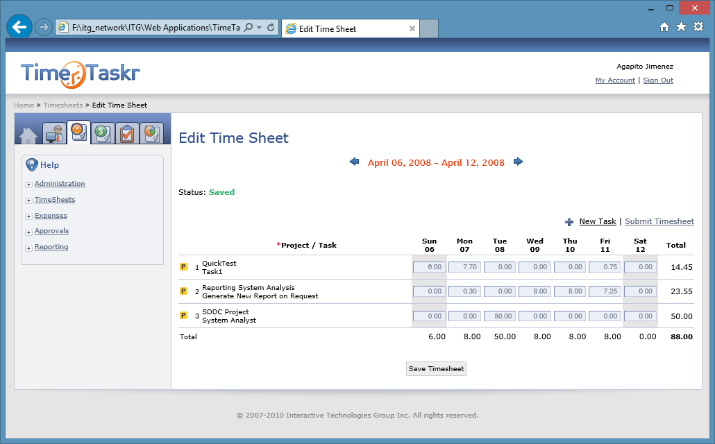 A screen of the interactive timesheet.